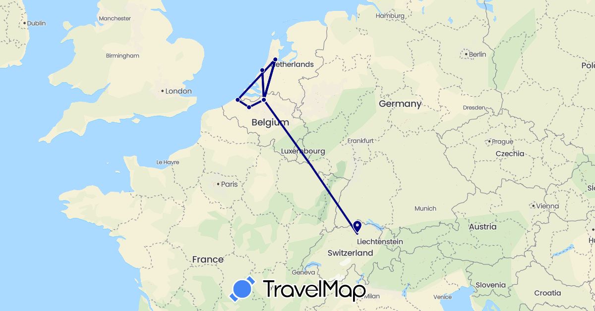 TravelMap itinerary: driving in Belgium, Switzerland, Netherlands (Europe)